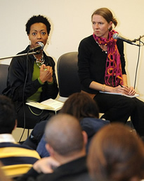 Juanita Brown, co-producer of <italics>Traces of the Trade,</italics> and executive director Katrina Browne speaking at the UCLA School of Public Affairs