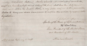 Detail of the 13th Amendment as passed by Congress, showing Lincoln's signature